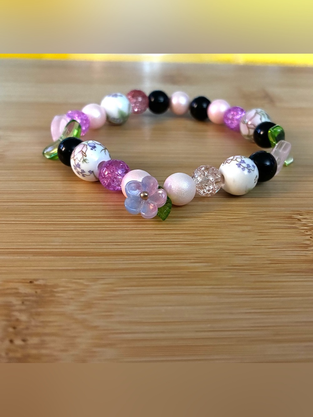 Black & Pink Floral Beaded Stretch Bracelet